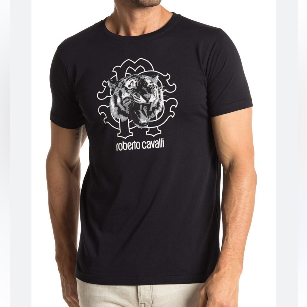 Roberto Cavalli unisex black cotton tiger print tee shirt, size S